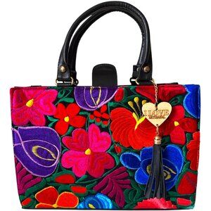 Floral Vibrant Tapestry embroidery artisanal handbag satchel vegan leather w mak